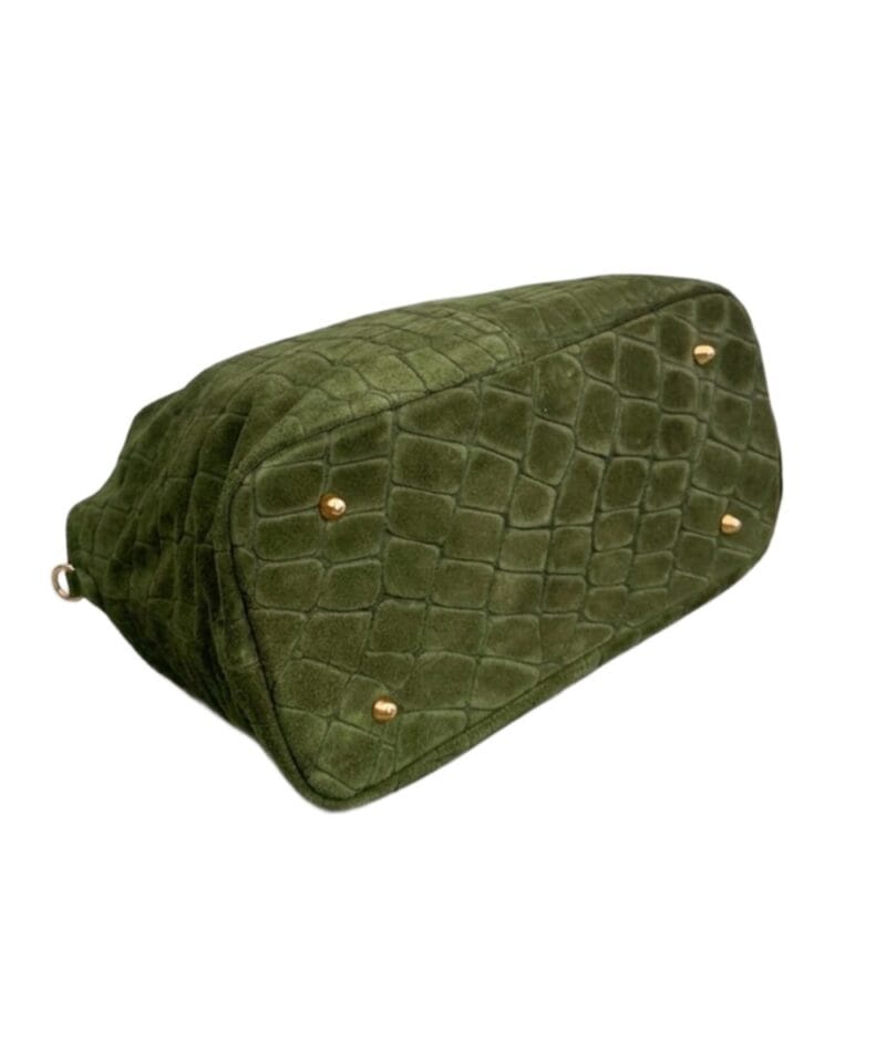 Suede Handtas Croco kroko Tote legergroen groene trendy dames tassen krokoprint suede extra lang hengsel kopen bestellen leer onderkant
