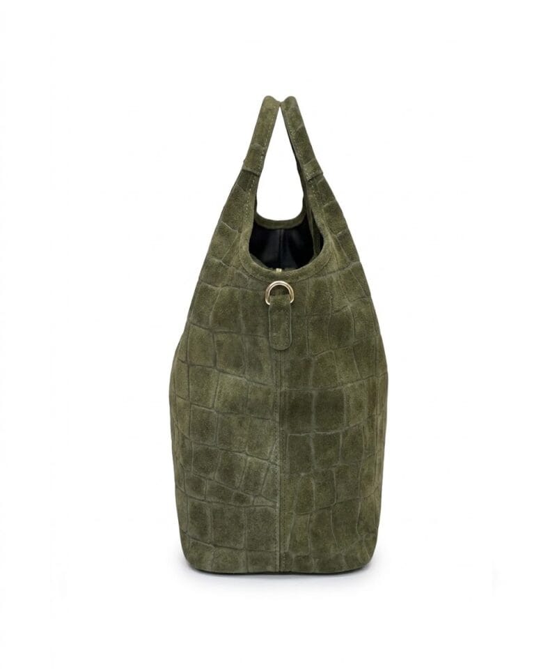 Suede Handtas Croco kroko Tote legergroen groene trendy dames tassen krokoprint suede extra lang hengsel kopen bestellen leer zij
