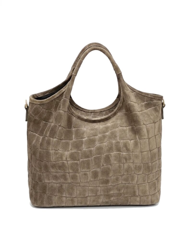Suede Handtas Croco kroko Tote taupe trendy dames tassen krokoprint suede extra lang hengsel kopen bestellen leer
