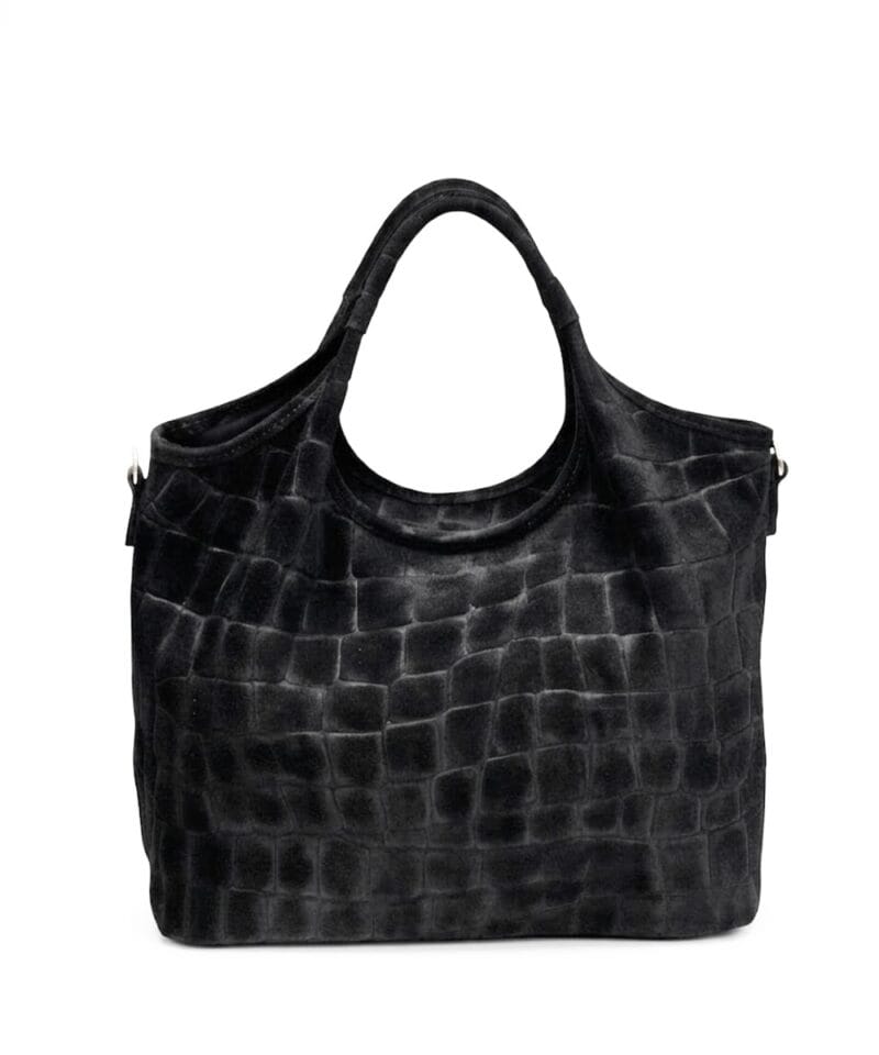 Suede Handtas Croco kroko Tote zwart zwarte trendy dames tassen krokoprint suede extra lang hengsel kopen bestellen leer