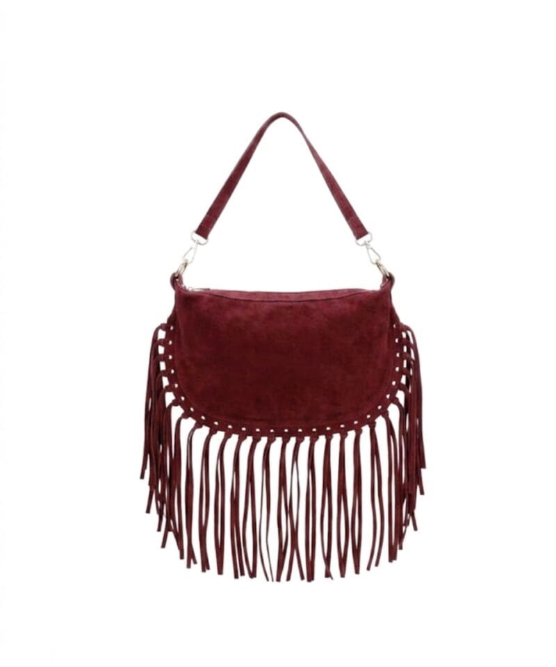 Suede Schoudertas Fringe bordeaux suede leren schoudertas franjes trendy halve maan tassen goud beslag dames kopen bestellen