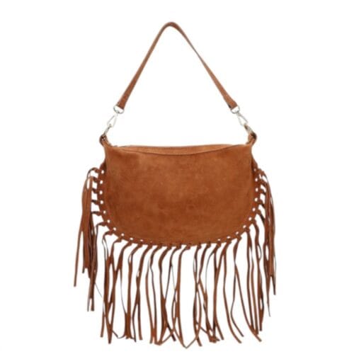 Suede Schoudertas Fringe cognac suede leren schoudertas franjes trendy halve maan tassen goud beslag dames kopen bestellen