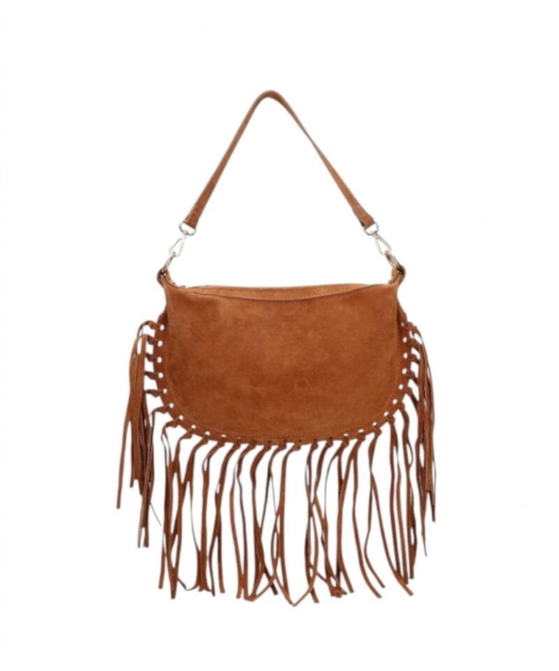 Suede Schoudertas Fringe cognac suede leren schoudertas franjes trendy halve maan tassen goud beslag dames kopen bestellen