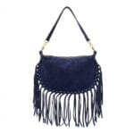 Suede Schoudertas Fringe donkerblauw blauwe navy suede leren schoudertas franjes trendy halve maan tassen goud beslag dames kopen bestellen