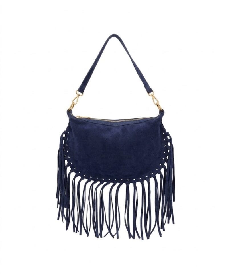 Suede Schoudertas Fringe donkerblauw blauwe navy suede leren schoudertas franjes trendy halve maan tassen goud beslag dames kopen bestellen
