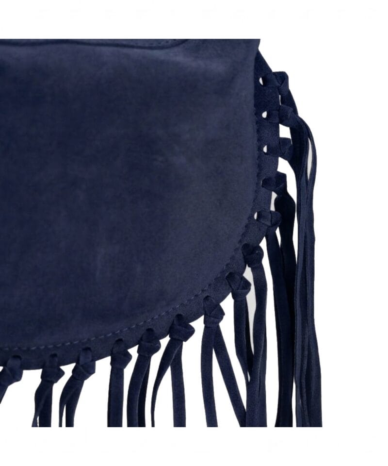 Suede Schoudertas Fringe donkerblauw blauwe navy suede leren schoudertas franjes trendy halve maan tassen goud beslag dames kopen bestellen detail