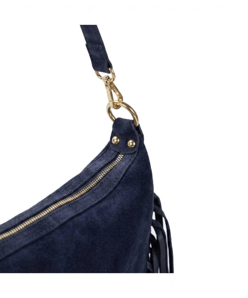 Suede Schoudertas Fringe donkerblauw blauwe navy suede leren schoudertas franjes trendy halve maan tassen goud beslag dames kopen bestellen details