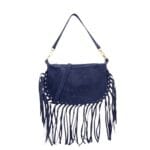 Suede Schoudertas Fringe donkerblauw blauwe navy suede leren schoudertas franjes trendy halve maan tassen goud beslag dames kopen bestellen nu