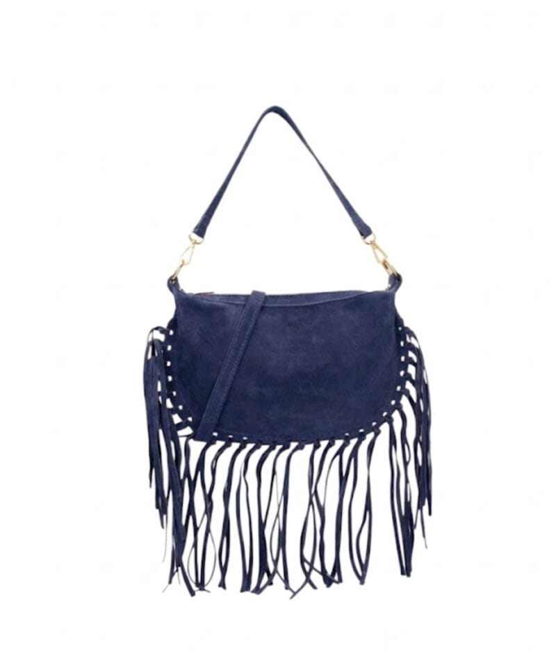 Suede Schoudertas Fringe donkerblauw blauwe navy suede leren schoudertas franjes trendy halve maan tassen goud beslag dames kopen bestellen nu