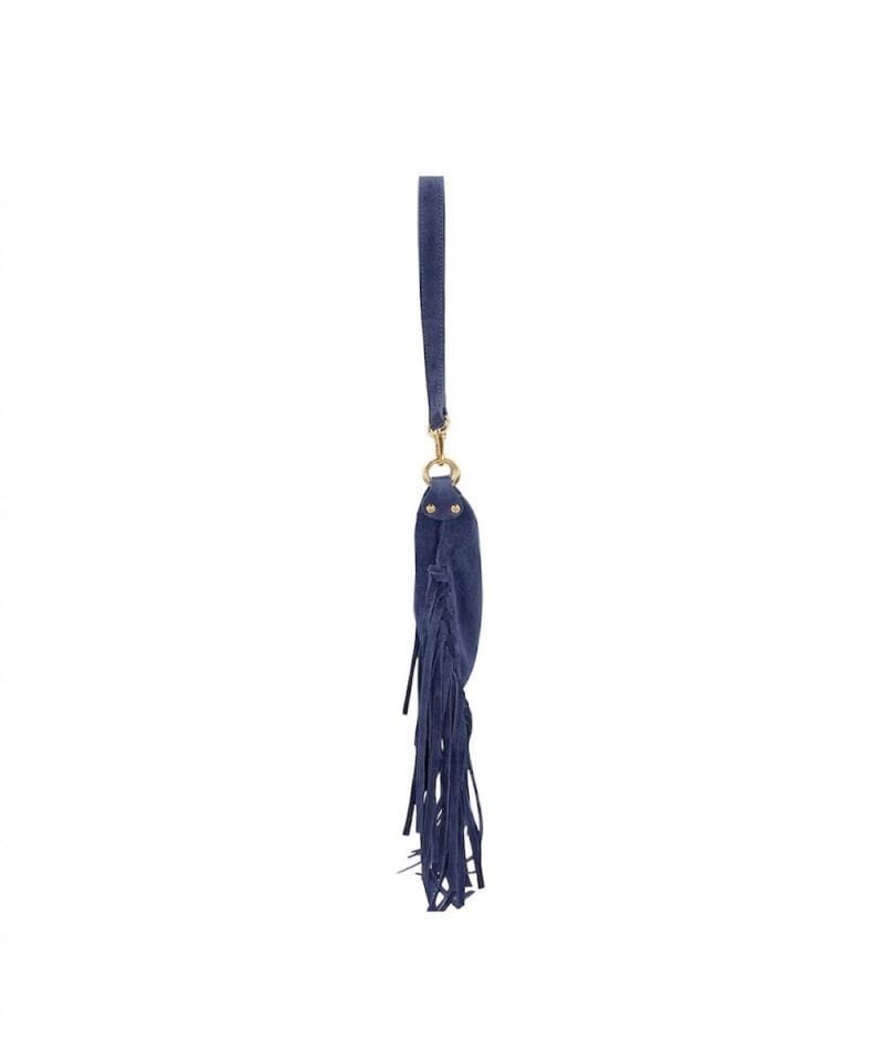 Suede Schoudertas Fringe donkerblauw blauwe navy suede leren schoudertas franjes trendy halve maan tassen goud beslag dames kopen bestellen zij