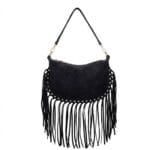 Suede Schoudertas Fringe zwart zwarte suede leren schoudertas franjes trendy halve maan tassen goud beslag dames kopen bestellen