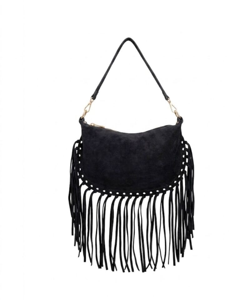 Suede Schoudertas Fringe zwart zwarte suede leren schoudertas franjes trendy halve maan tassen goud beslag dames kopen bestellen