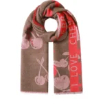 Bruine Sjaal roze Cherry twee kleurige sjaal met kersen en tekst print wintersjaals yehwang kopen bestellen