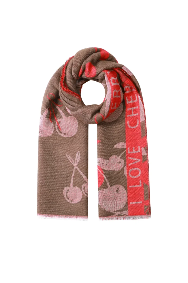 Bruine Sjaal roze Cherry twee kleurige sjaal met kersen en tekst print wintersjaals yehwang kopen bestellen