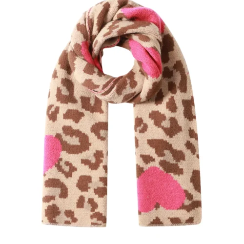 Camel Leopard Sjaal Roze Hartjes camel dierenprint hartjes print wintersjaals dames yehwang kopen bestellen
