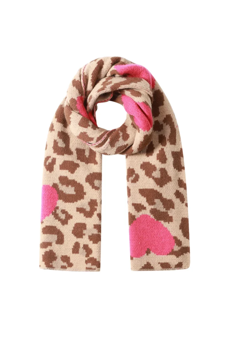 Camel Leopard Sjaal Roze Hartjes camel dierenprint hartjes print wintersjaals dames yehwang kopen bestellen