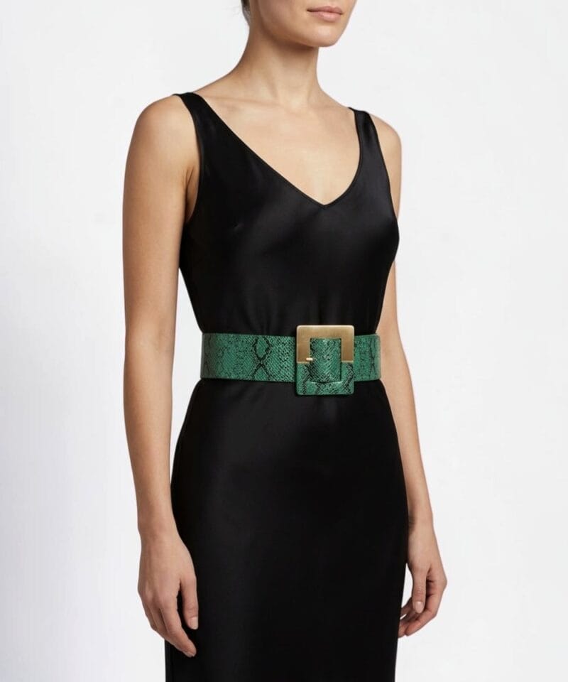 Groene Slangenprint Riem green snake goud beslag dames riemen brede riem kopen bestellen model
