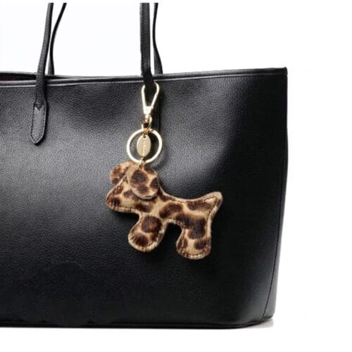 Leren Bag Charm Doggy Laika bengaal bengal dierenvacht koevacht trendy leer hond tassenhanger tas sleutel hanger goud kopen bestellen model