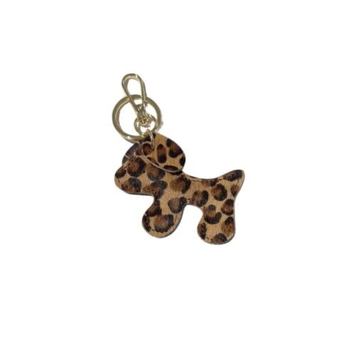 Leren Bag Charm Doggy Laika cheeta dierenvacht koevacht trendy leer hond tassenhanger tas sleutel hanger goud kopen bestellen