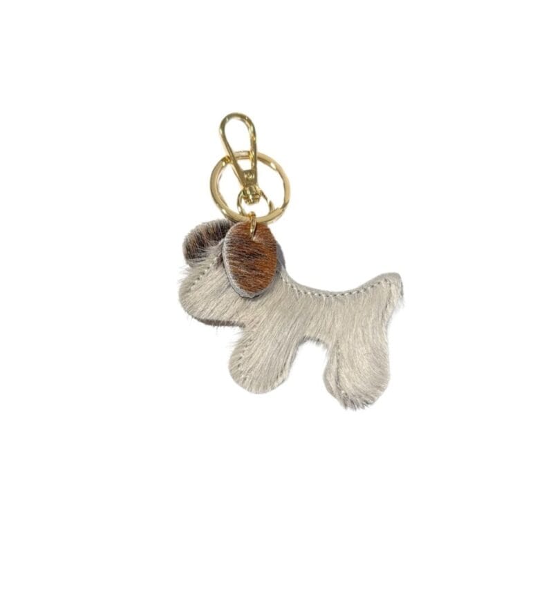 Leren Bag Charm Doggy Laika koehuid wit dierenvacht koevacht trendy leer hond tassenhanger tas sleutel hanger goud kopen bestellen