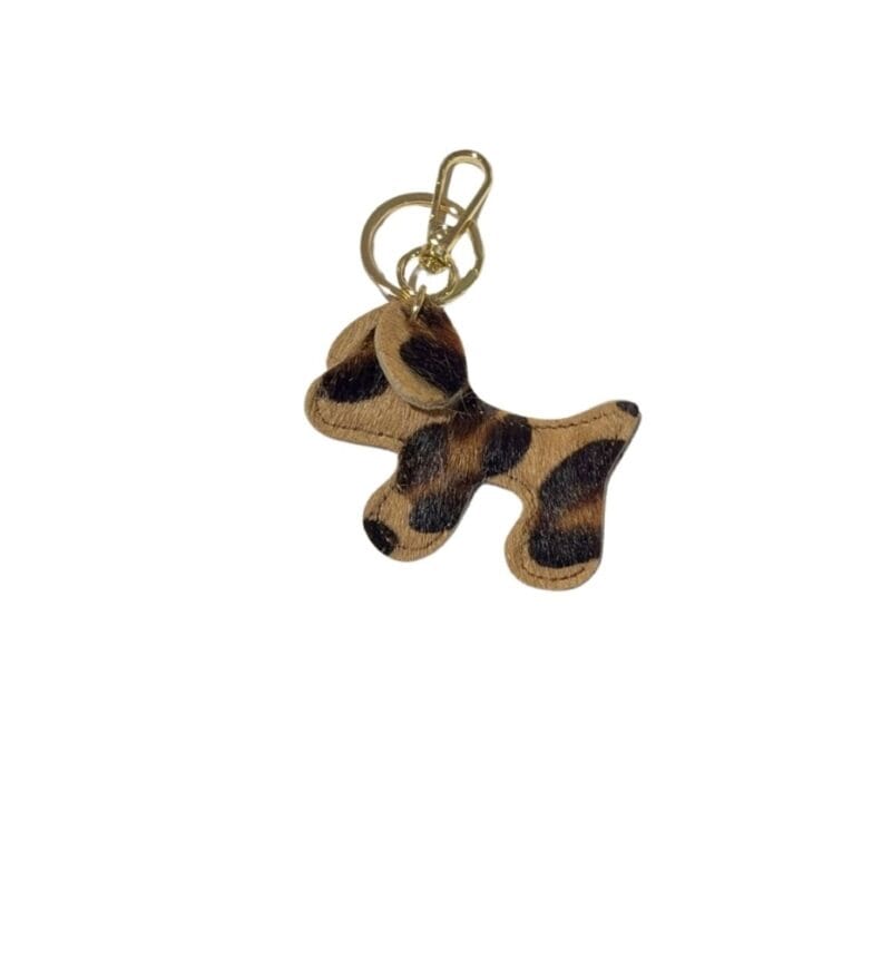 Leren Bag Charm Doggy Laika leopard dierenvacht koevacht trendy leer hond tassenhanger tas sleutel hanger goud kopen bestellen