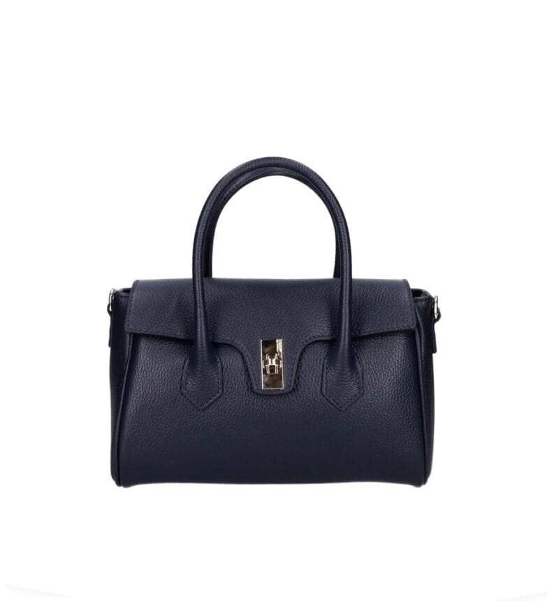 Leren Handtas Demetra donkerblauw donkerblauwe navy stevige leer schoudertas zilveren draaislot dames tassen kopen bestellen