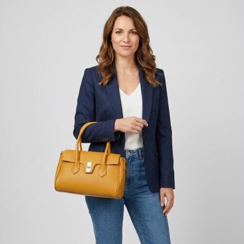 Leren Handtas Demetra mosterdgeel mosterdgele stevige leer schoudertas zilveren draaislot dames tassen kopen bestellen model1