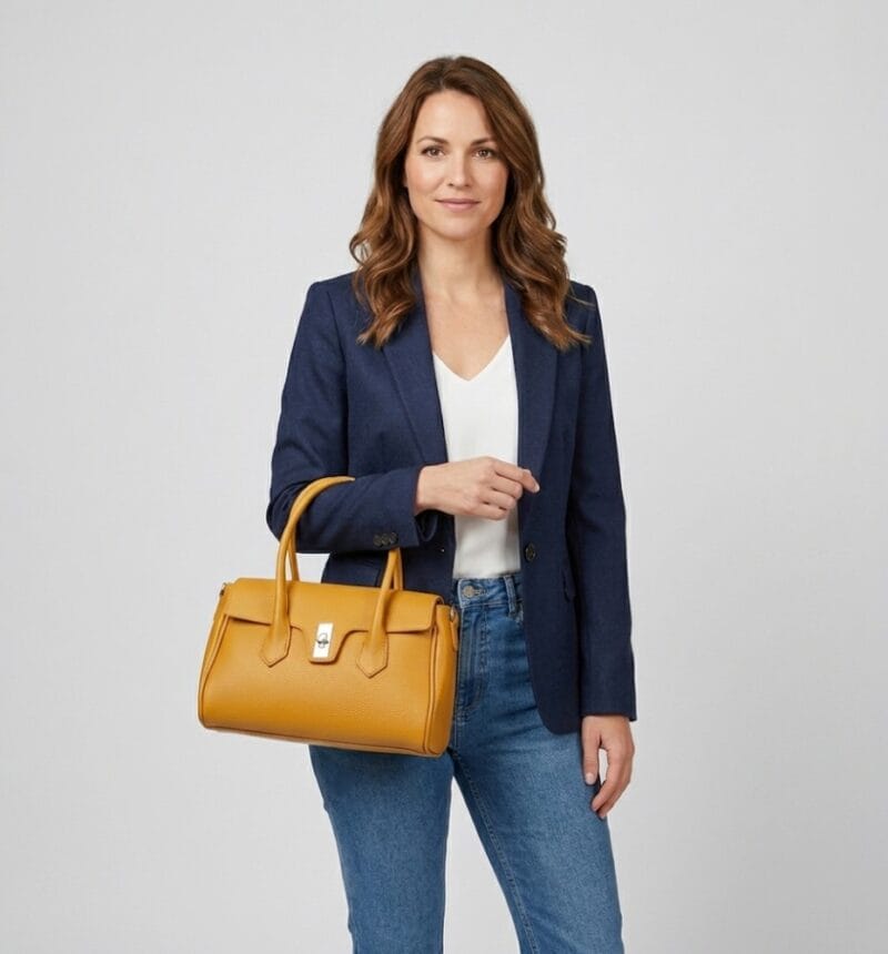Leren Handtas Demetra mosterdgeel mosterdgele stevige leer schoudertas zilveren draaislot dames tassen kopen bestellen model1