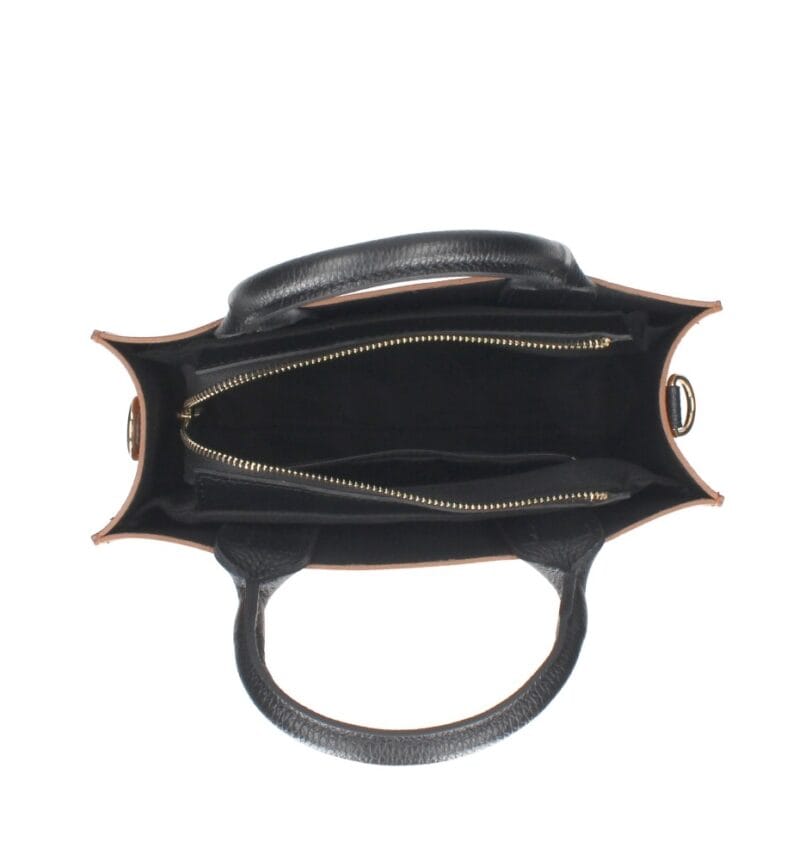 Leren Handtas Mallory cognac zwart zwarte hengsels en details chique dames tassen kopen bestellen bovenkant open