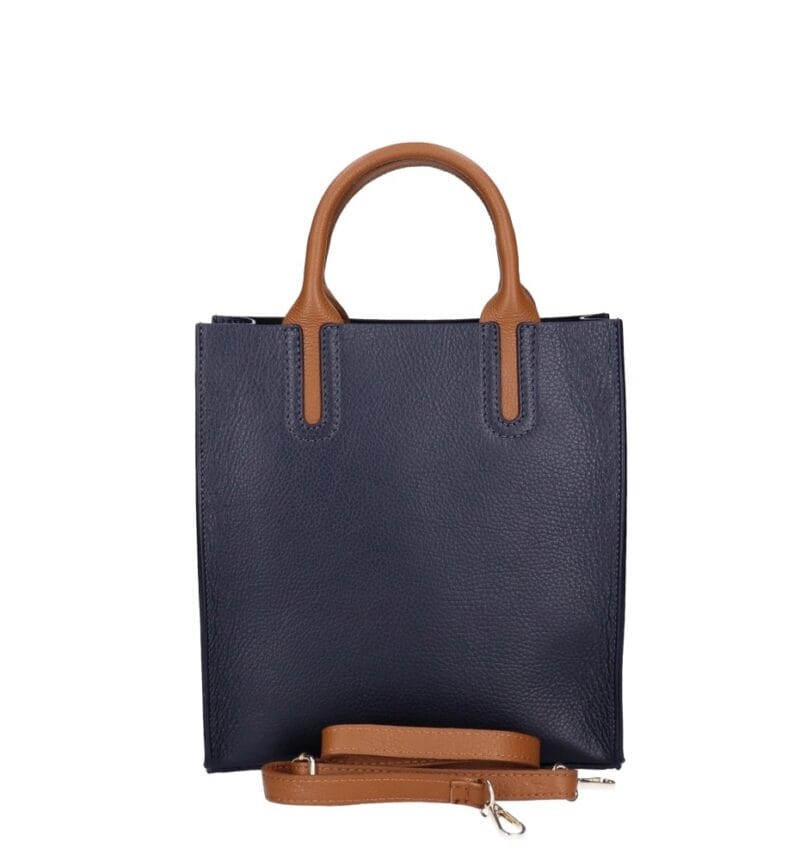 Leren Handtas Mallory donkerblauw blauwe navy cognac hengsels en details chique dames tassen kopen bestellen achterkant
