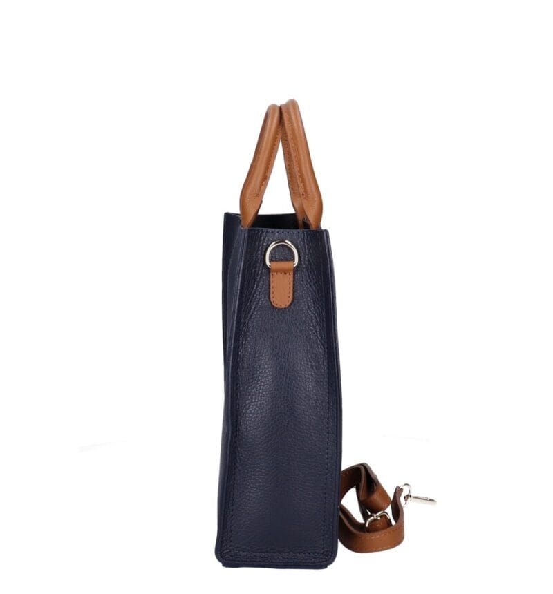 Leren Handtas Mallory donkerblauw blauwe navy cognac hengsels en details chique dames tassen kopen bestellen zij