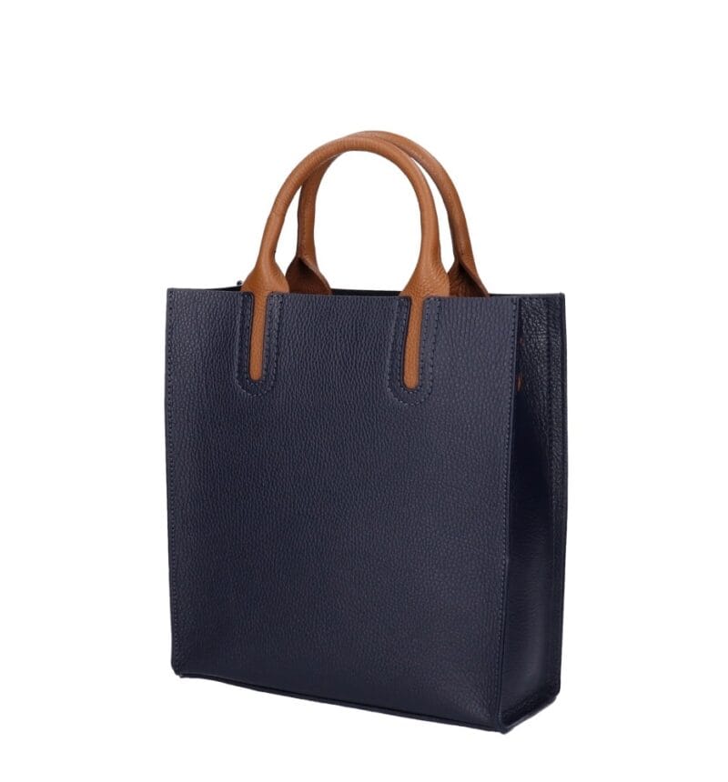 Leren Handtas Mallory donkerblauw blauwe navy cognac hengsels en details chique dames tassen kopen bestellen zijkant