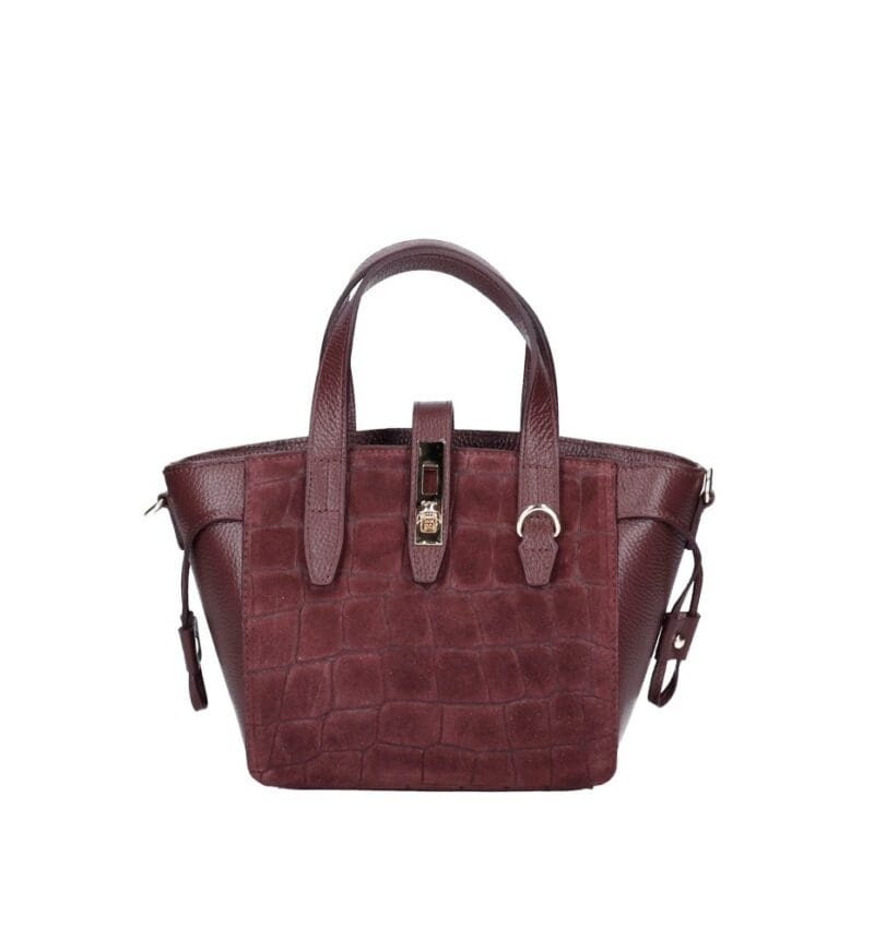 Leren Handtas Rosie Croco bordeauxrood bordeaux leren schoudertassen suede croco detail voor gouden draaisluiting chique damestassen italiaans kopen bestellen
