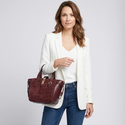 Leren Handtas Rosie Croco bordeauxrood bordeaux leren schoudertassen suede croco detail voor gouden draaisluiting chique damestassen italiaans kopen bestellen model