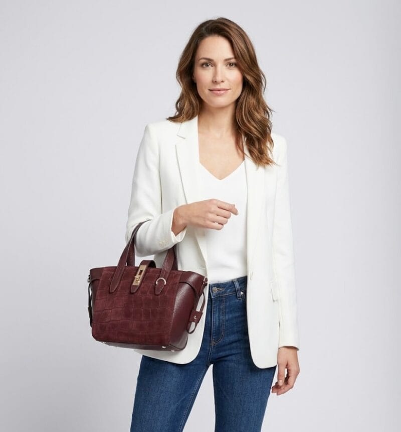 Leren Handtas Rosie Croco bordeauxrood bordeaux leren schoudertassen suede croco detail voor gouden draaisluiting chique damestassen italiaans kopen bestellen model