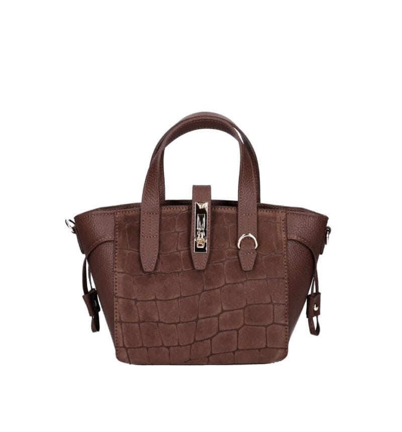 Leren Handtas Rosie Croco bruin bruine leren schoudertassen suede croco detail voor gouden draaisluiting chique damestassen italiaans kopen bestellen
