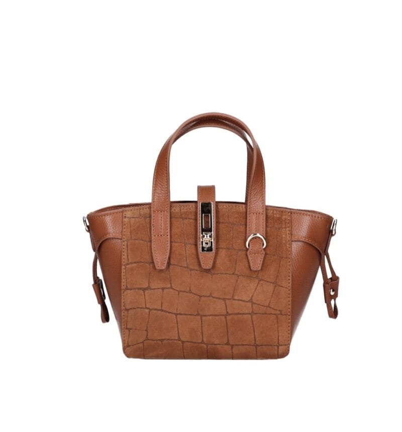 Leren Handtas Rosie Croco cognac leren schoudertassen suede croco detail voor gouden draaisluiting chique damestassen italiaans kopen bestellen