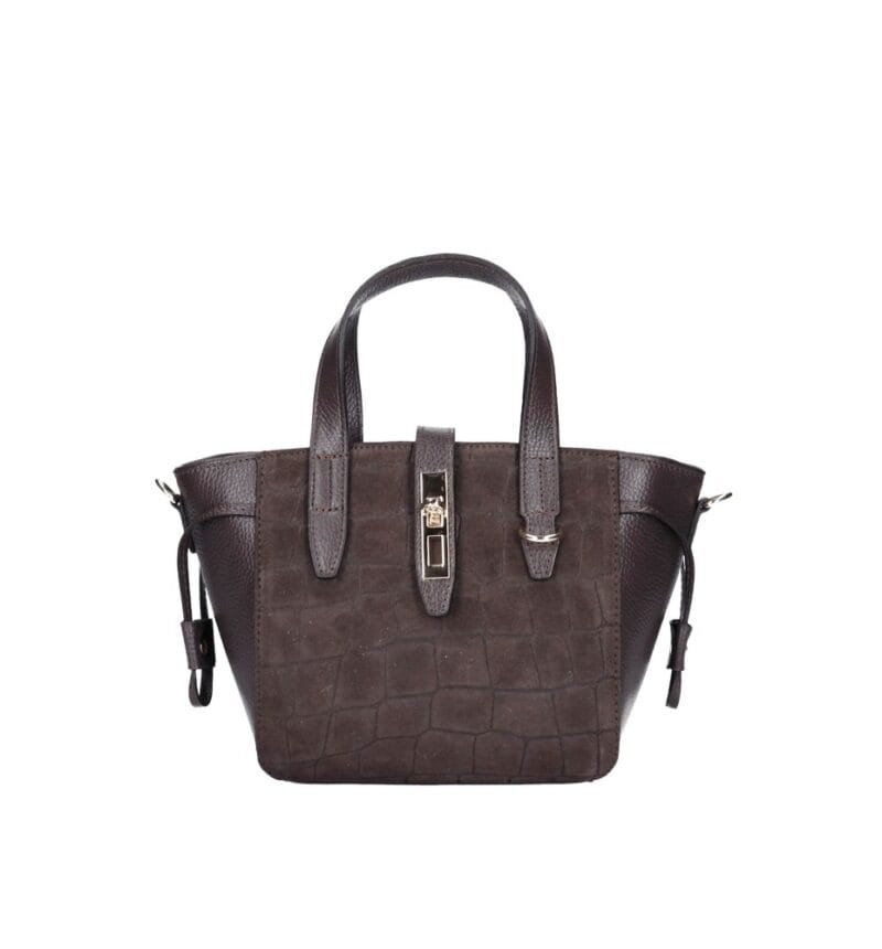 Leren Handtas Rosie Croco donkerbruin donkerbruine leren schoudertassen suede croco detail voor gouden draaisluiting chique damestassen italiaans kopen bestellen