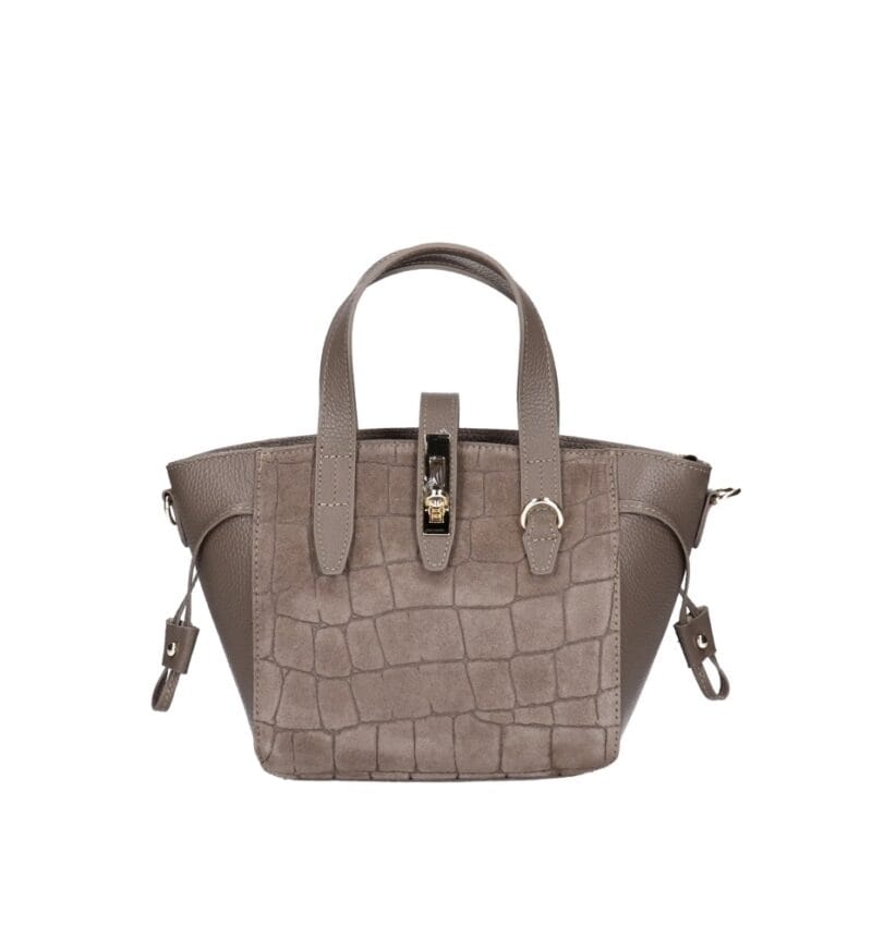 Leren Handtas Rosie Croco donkertaupe leren schoudertassen suede croco detail voor gouden draaisluiting chique damestassen italiaans kopen bestellen