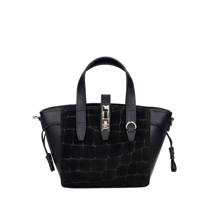 Leren Handtas Rosie Croco zwart zwarte leren schoudertassen suede croco detail voor gouden draaisluiting chique damestassen italiaans kopen bestellen