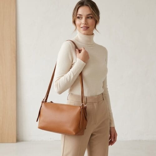 Leren Schouderas Delia cognac goud beslag drievaks rits unieke damestassen italiaans leder kopen bestellen model