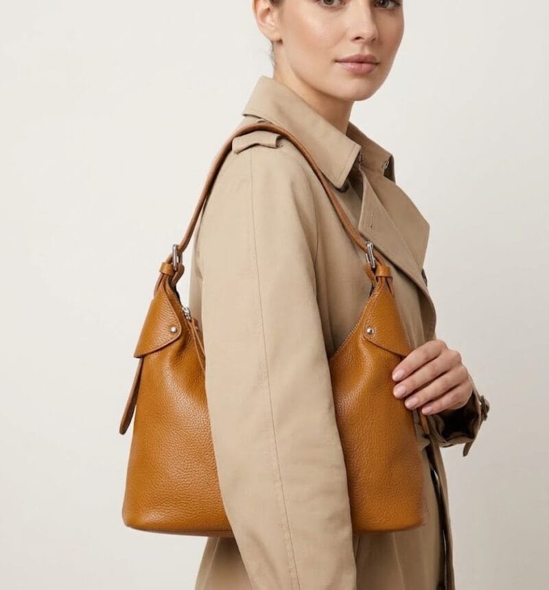 Leren Schoudertas Ambra cognac leer zilver beslag trendy chique damestassen kopen bestellen model