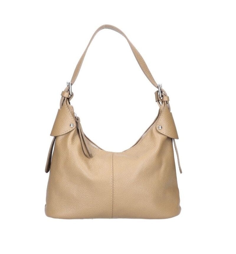 Leren Schoudertas Ambra taupe taupe leer zilver beslag trendy chique damestassen kopen bestellen