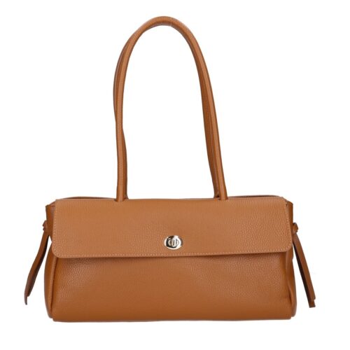 Leren Schoudertas Astrid cognac leer gouden draaislot voorvak met flap trendy chique damestassen kopen
