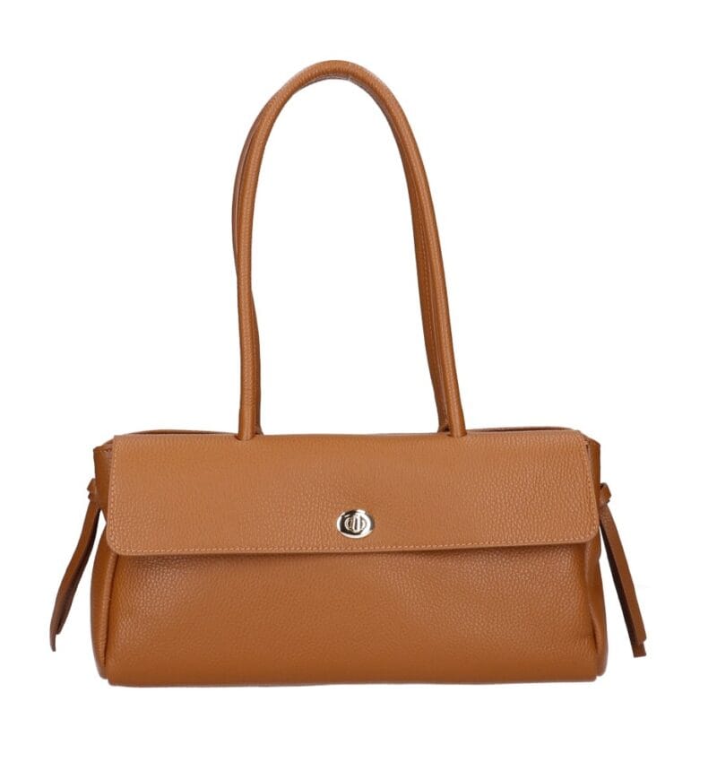 Leren Schoudertas Astrid cognac leer gouden draaislot voorvak met flap trendy chique damestassen kopen