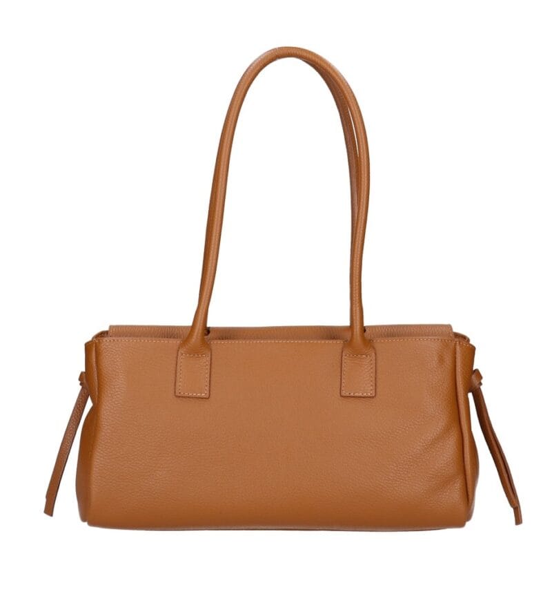Leren Schoudertas Astrid cognac leer gouden draaislot voorvak met flap trendy chique damestassen kopen achterkant