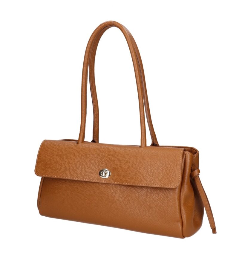 Leren Schoudertas Astrid cognac leer gouden draaislot voorvak met flap trendy chique damestassen kopen zij