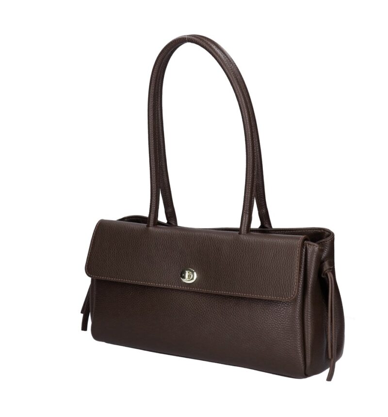 Leren Schoudertas Astrid donkerbruin donkerbruine leer gouden draaislot voorvak met flap trendy chique damestassen kopen