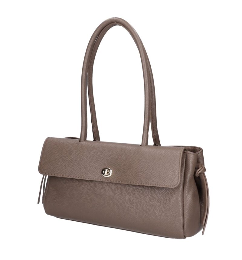 Leren Schoudertas Astrid donkertaupe leer gouden draaislot voorvak met flap trendy chique damestassen kopen