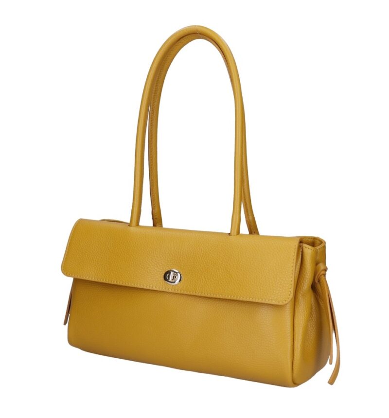 Leren Schoudertas Astrid mosterdgele mosterdgeel leer gouden draaislot voorvak met flap trendy chique damestassen kopen
